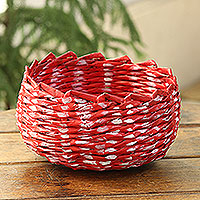 Recycled paper basket, 'Red and White' - Red and White Recycled Paper Basket from India