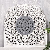 Wood relief panel, 'Dusk Muse' - Floral Wood Relief Panel in White and Grey from India