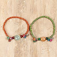 Quartz and wood beaded stretch bracelets, 'Boho Colors' (pair) - Quartz and Wood Beaded Stretch Bracelets from India (Pair)