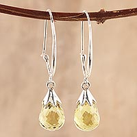 Quartz dangle earrings, 'Glittering Dew' - 10-Carat Lemon Quartz Dangle Earrings from India
