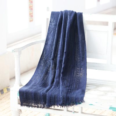 Viscose blend shawl, 'Sapphire Shimmer' - Embellished Viscose Blend Shawl in Indigo from India