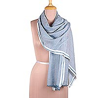 Viscose shawl, 'Cadet Blue Saga' - Azure Viscose Shawl with White Borders from India