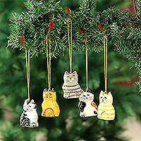 Papier mache ornaments, 'Cute Kitty Cats' (set of 5) - Set of 5 Handcrafted Papier Mache Cat Theme Ornaments