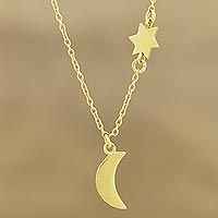 Gold plated sterling silver pendant necklace, 'Celestial Glisten' - Gold Plated Sterling Silver Moon and Star Pendant Necklace