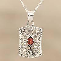 Garnet pendant necklace, 'Gorgeous Frame' - Openwork Pattern Garnet Pendant Necklace from India
