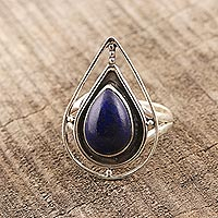 Lapis lazuli cocktail ring, 'Teardrop Frame' - Teardrop Lapis Lazuli Cocktail Ring from India