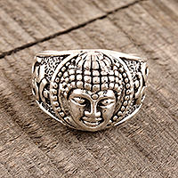 Sterling silver band ring, 'Meditating Buddha' - Sterling Silver Buddha Band Ring from India