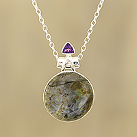 Labradorite and amethyst pendant necklace, 'Fascinating Moon' - Labradorite and Amethyst Pendant Necklace from India