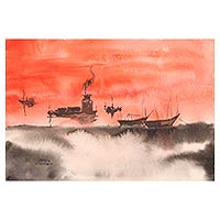 'Sunset Muse' - Signed Watercolor Painting of Boats at Sunset from India