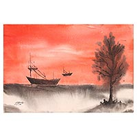 'Dusk Charm' - Signed Nautical Watercolor Painting from India