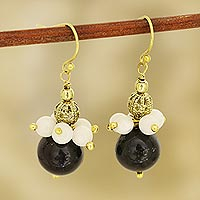Onyx and moonstone beaded dangle earrings, 'Gleaming Globes' - Onyx and Moonstone Beaded Dangle Earrings from India