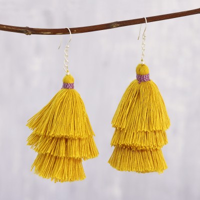 Cotton dangle earrings, 'Tassel Elegance in Ochre' - Cotton Fringe Dangle Earrings in Ochre from India