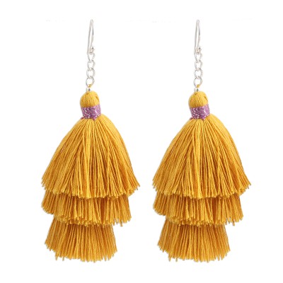 Cotton dangle earrings, 'Tassel Elegance in Ochre' - Cotton Fringe Dangle Earrings in Ochre from India