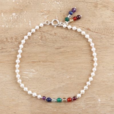 Multi-gemstone beaded anklet, 'Chakra Orbs' - Multi-Gemstone Beaded Chakra Anklet from India