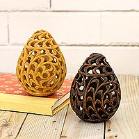 Wood figurines, 'Mesmerizing Eggs' (pair) - Hand-Carved Kadam Wood Egg Figurines from India (Pair)