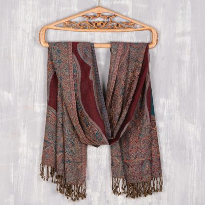 Jamawar wool shawl, 'Colorful Paisleys' - Paisley Motif Jamawar Wool Shawl from India