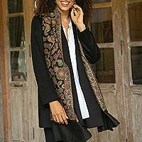 Wool shawl, 'Midnight Posies' - Floral Wool Shawl in Black from India