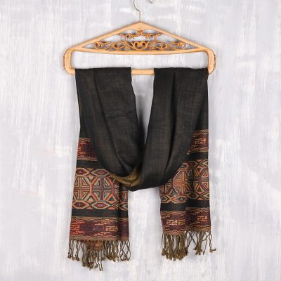 Reversible Jamawar wool shawl, 'Geometric Creativity' - Reversible Jamawar Wool Shawl in Black from India