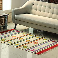 Wool area rug, 'Vibrant Geometry' (4x5.5) - Geometric Wool Area Rug with Ivory Stripes (4x5.5)