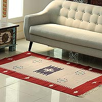 Wool area rug, 'Khaki Geometry' (4x5.5) - Crimson and Khaki Geometric Wool Area Rug from India (4x5.5)