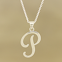 Sterling silver pendant necklace, 'Dancing P' - Sterling Silver Letter P Pendant Necklace from India