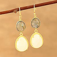 Gold plated rainbow moonstone and labradorite dangle earrings, 'Misty Evening' - Gold Plated Rainbow Moonstone and Labradorite Earrings