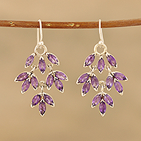 Amethyst dangle earrings, 'Glittering Autumn' - Marquise Amethyst Dangle Earrings Crafted in India
