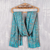 Modal jacquard shawl, 'Turquoise Paisley Garden' - Jacquard Paisley and Floral Shawl in Turquoise