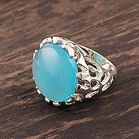 Chalcedony domed ring, 'Lustrous Coral' - Blue Chalcedony Cocktail Ring Crafted in India