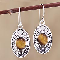 Tiger's eye dangle earrings, 'Elliptical Beauty' - Elliptical Tiger's Eye Dangle Earrings Crafted in India