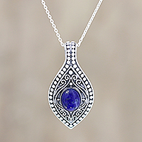 Lapis lazuli pendant necklace, 'Mughal Blue' - Patterned Lapis Lazuli Pendant Necklace from India