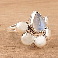 Rainbow moonstone cocktail ring, 'Misty Bubbles' - Teardrop Rainbow Moonstone Cocktail Ring from India