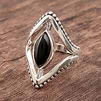 Onyx cocktail ring, 'Magical Kite' - Marquise Onyx Cocktail Ring Crafted in India