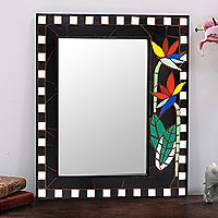 Ceramic tile mosaic wall mirror, 'Colorful Blossom' - Ceramic Tile Floral Mosaic Wall Mirror from India
