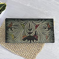 Leather wallet, 'Verdant Vines' - Floral Pattern Green Leather Wallet Crafted in India