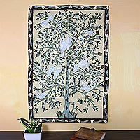 Wool chain stitch tapestry, 'Abode of Birds I' - Hand Crafted Indian Chain Stitch Tapestry