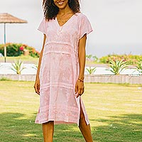 Embroidered Pink Cotton Shift Dress from India,'Paisley Garden in Pink'