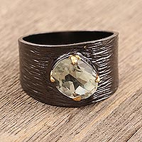 Gold accented prasiolite single-stone ring, 'Sparkle in the Darkness' - Gold Accented Prasiolite Single-Stone Ring from India