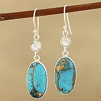 Rainbow moonstone dangle earrings, 'Celestial Light' - Rainbow Moonstone and Composite Turquoise Silver Earrings