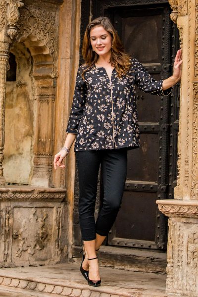 Embroidered silk tunic, 'Magical Midnight' - Embroidered Black Silk Tunic from India