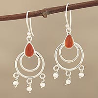 Carnelian and cultured pearl dangle arrings, 'Firelight's Glow' - Sterling Silver, Carnelian and Cultured Pearl Dangle Earring