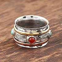 Onyx spinner ring, 'Glowing Energy' - Red Onyx and Reconstituted Turquoise Spinner Ring from India