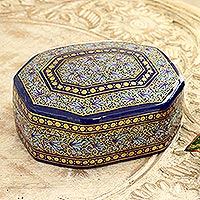 Papier mache decorative box, 'Kashmir Royal' - Elegant Hand Painted Blue and Gold Papier Mache Box