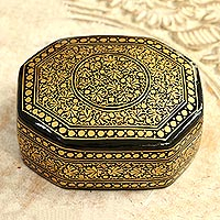Papier mache decorative box, 'Kashmir Black' - Artisan Crafted Papier Mache Decorative Box