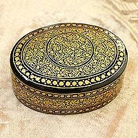 Papier mache decorative box, 'Kashmir Opulence' - Exquisite Black and Gold Decorative Box