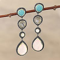 Multi-gemstone dangle earrings, 'Artist's Palette' - Artisan Crafted 925 Silver Gemstone Earrings with 18k Gold