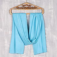 Wool and silk blend shawl, 'Kashmiri Sky' - India Sky Blue Wool and Silk Blend Kashmir Shawl