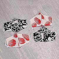 Cotton face masks, 'Bold Contrasts' (set of 4) - 4 White w/ Red & w/ Black 2-Layer Cotton Face Masks