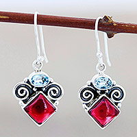 Garnet and blue topaz dangle earrings, 'Rainbow Fragments' - Garnet and Blue Topaz Dangle Earrings