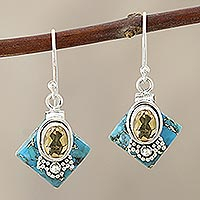 Citrine dangle earrings, 'Kolkata Gold' - Citrine Dangle Earrings in Sterling Silver
